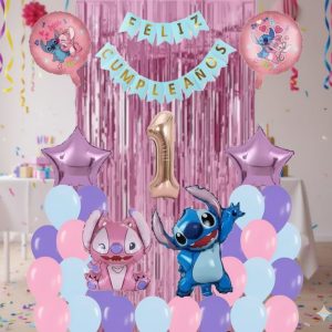 Bouquet Globos Niña Stitch Angel Cortina Numero Feston